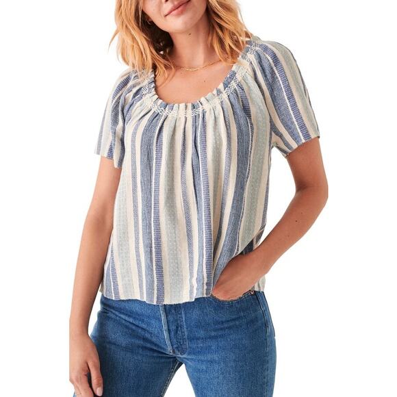 FAHERTY Annabelle Organic Cotton Blend Top Navy Slub Stripe Blouse Women's XS - Picture 1 of 9